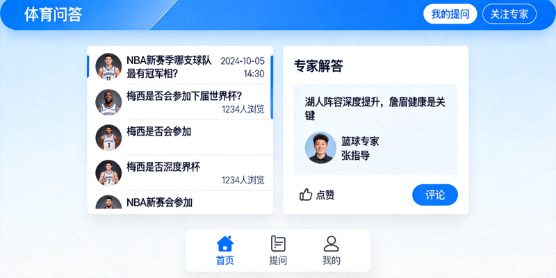 体育问答平台界面示意图，显示问题列表和专家回答区域